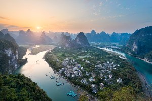 A beautiful sunset view from the top of Karst Peak in Xingping China.